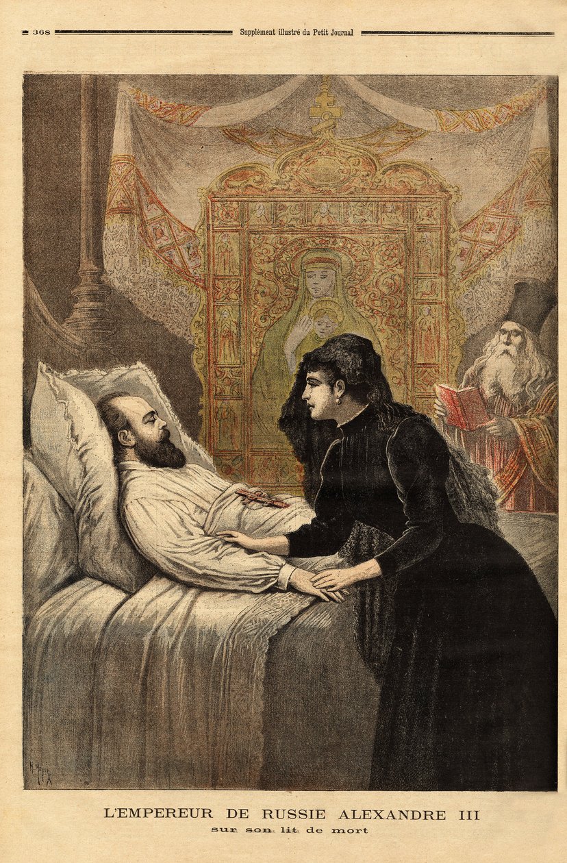 El emperador (zar) de Rusia Alejandro III (1815-1894) en su lecho de muerte, de 1881 a 1894, su reinado mostró un autócrata sin concesiones, llevando una política exterior pacífica y actor voluntario del acercamiento con Francia. Grabado en “Le petit journ de Unknown artist