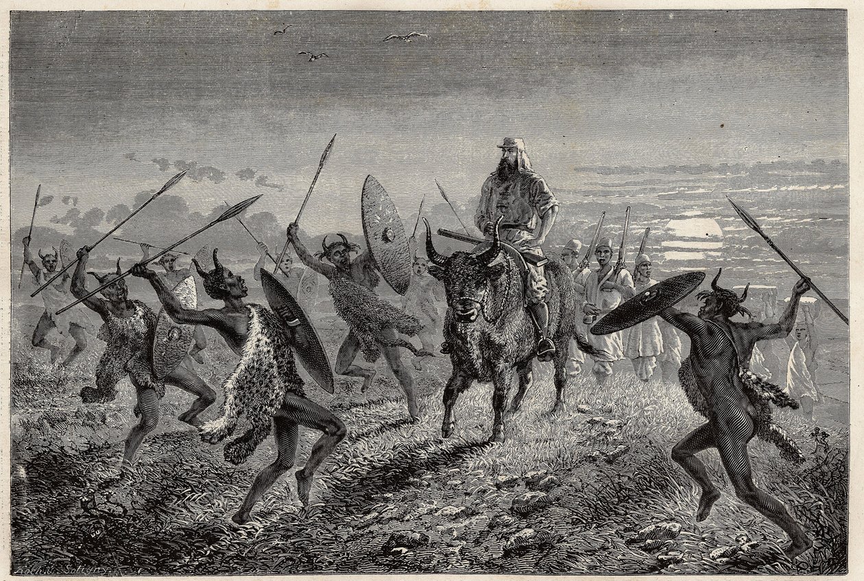 La escolta asignada al viajero Baker, realiza una fantasía antes de partir hacia el lago Alberto (o Albert Nyanza). Grabado para ilustrar el viaje al lago Alberto, en 1861-1864, de Sir Samuel White Baker, en “Le tour du monde, nouveau journal des voyages” de Unknown artist