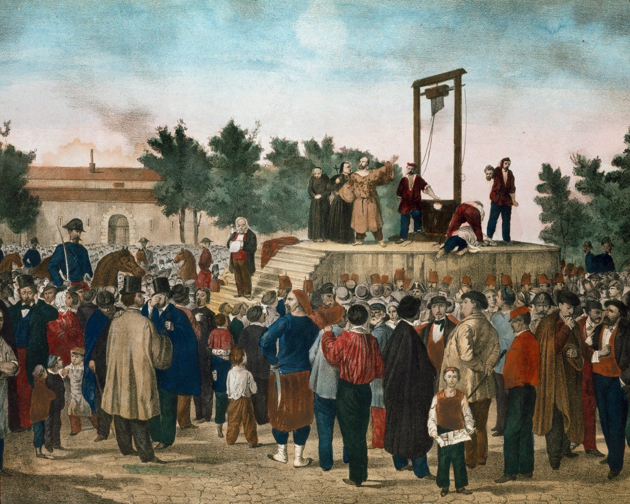 La ejecución el 13/03/1858 de Felice Orsini (1819 - 1858) y Pieri que llevaron a cabo el atentado del 14 de enero de 1858 contra Napoleón III en la Place de la Roquette en París de Unknown artist