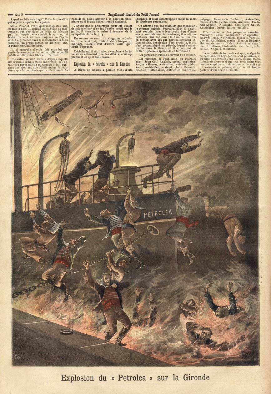 La explosión del “Petrolea”, un vapor inglés que transportaba petróleo, en Blaye, en el Gironde. Grabado en “Le petit journal” 4/06/1892. Colección Selva. de Unknown artist