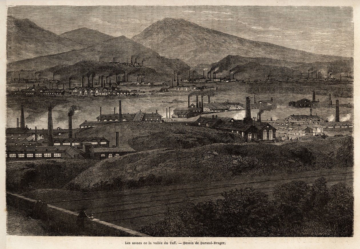 Las fábricas del Valle de Taff. Dibujo de Durand Brager, para ilustrar una visita a las principales fábricas de Gales en 1862, por L. Simonin. Grabado en "Le tour du monde", editado por Edouard Charton de Unknown artist