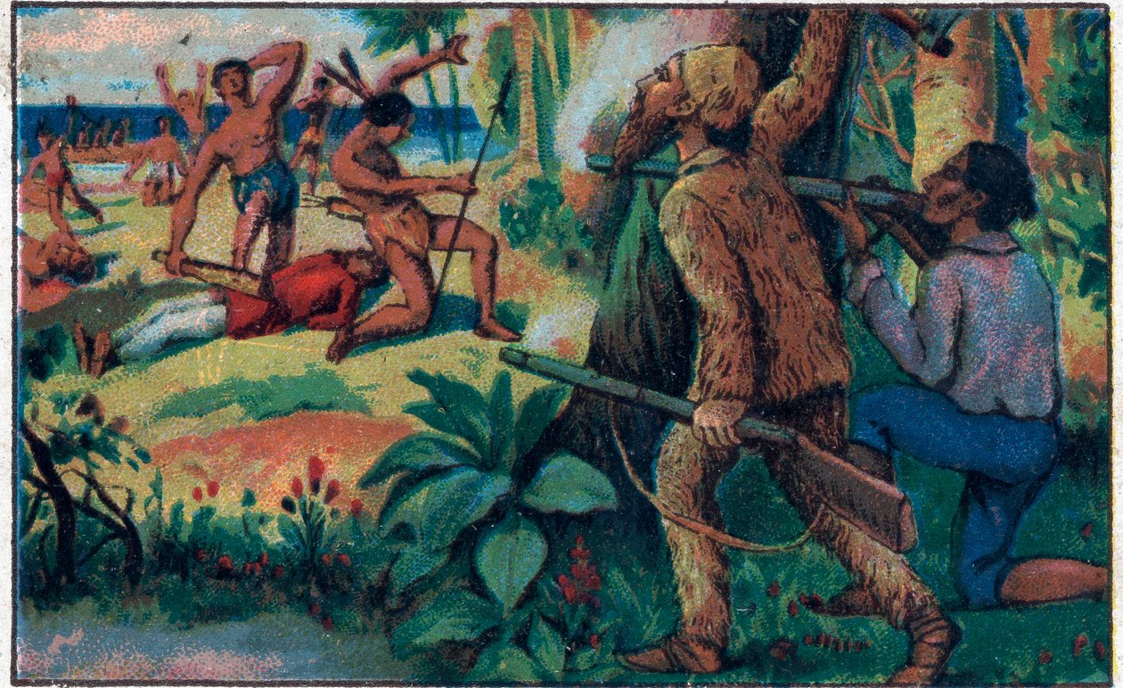 La lucha con los salvajes. Ilustración para el libro de Daniel Defoe “Robinson Crusoe”. Cromolitografía de finales del siglo XIX. de Unknown artist