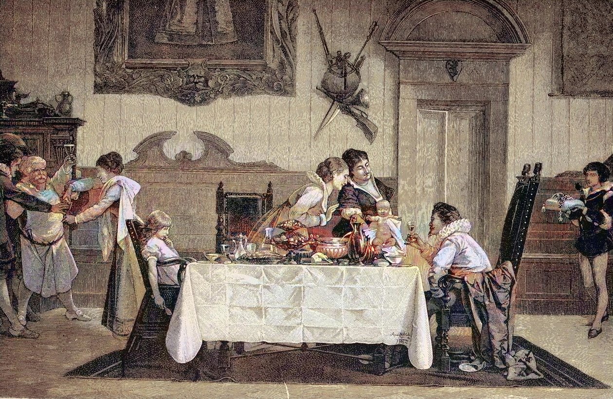 El primogénito masculino, la comadrona, muestra el hijo recién nacido a los demás miembros de la familia de Unknown artist
