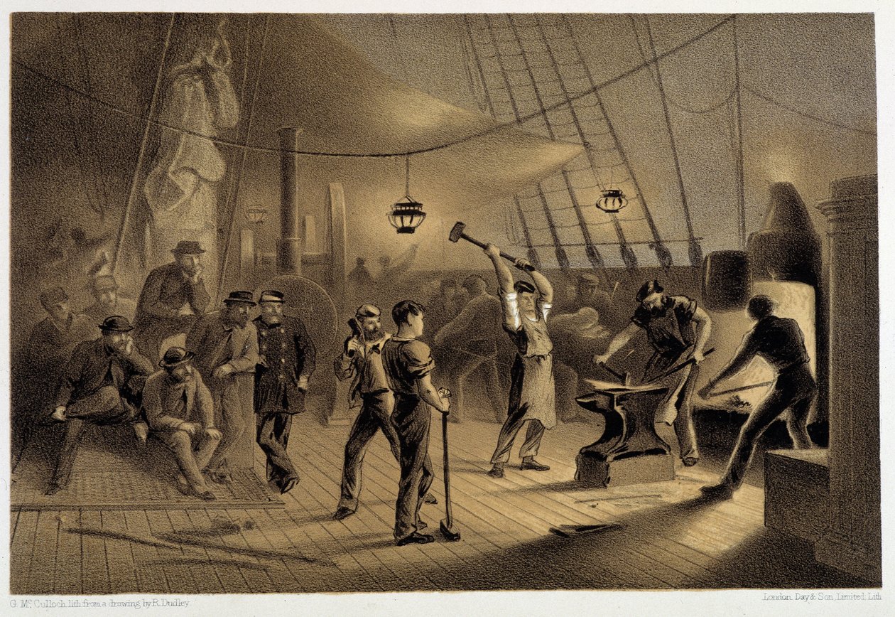 La fragua en cubierta. Noche del 9 de agosto preparando el revestimiento de hierro para el cabrestante - en "El telégrafo atlántico" de W. H. Russel, ca. 1860 de Unknown artist