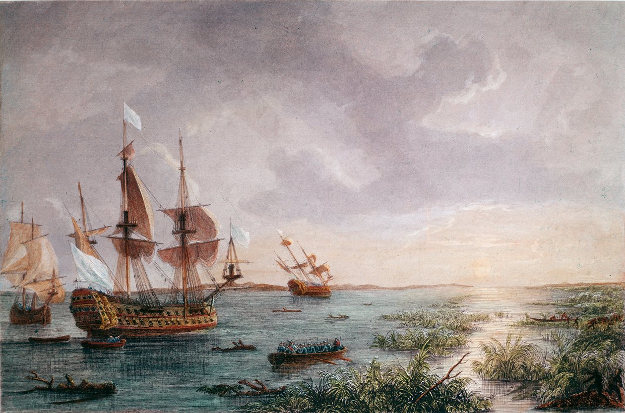El explorador francés René Robert Cavelier, Sieur de LaSalle descubre Luisiana, en 1684 (grabado) de Unknown artist