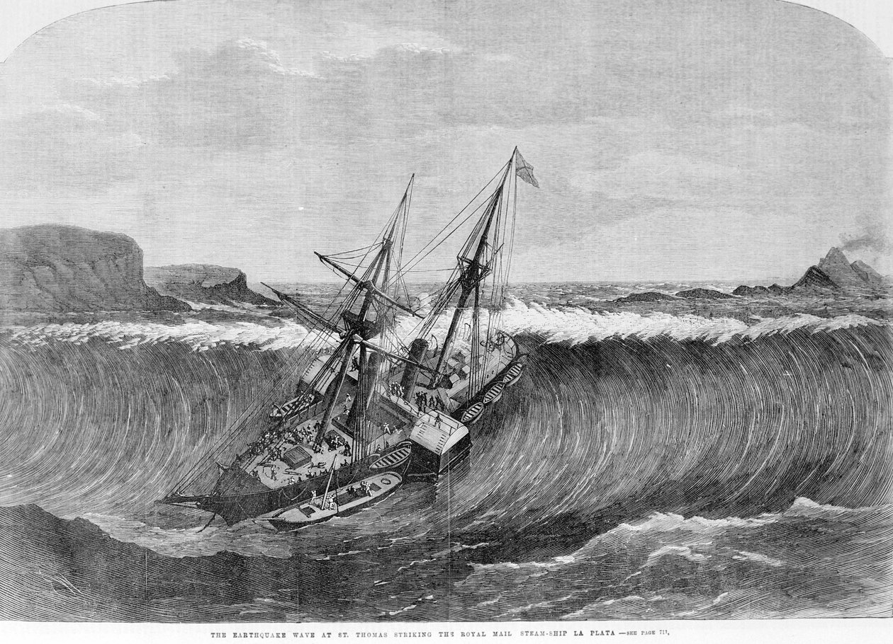 La ola gigante del tsunami de diciembre de 1867 en Saint Thomas, Islas Vírgenes, cae sobre el barco con ruedas La Plata. Grabado del siglo XIX. de Unknown artist