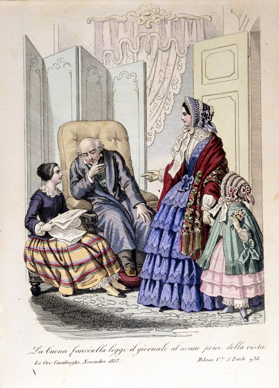 La niña lee el papel a su abuelo que ha perdido la vista. De “Le ore casalinghe”, noviembre de 1853. de Unknown artist