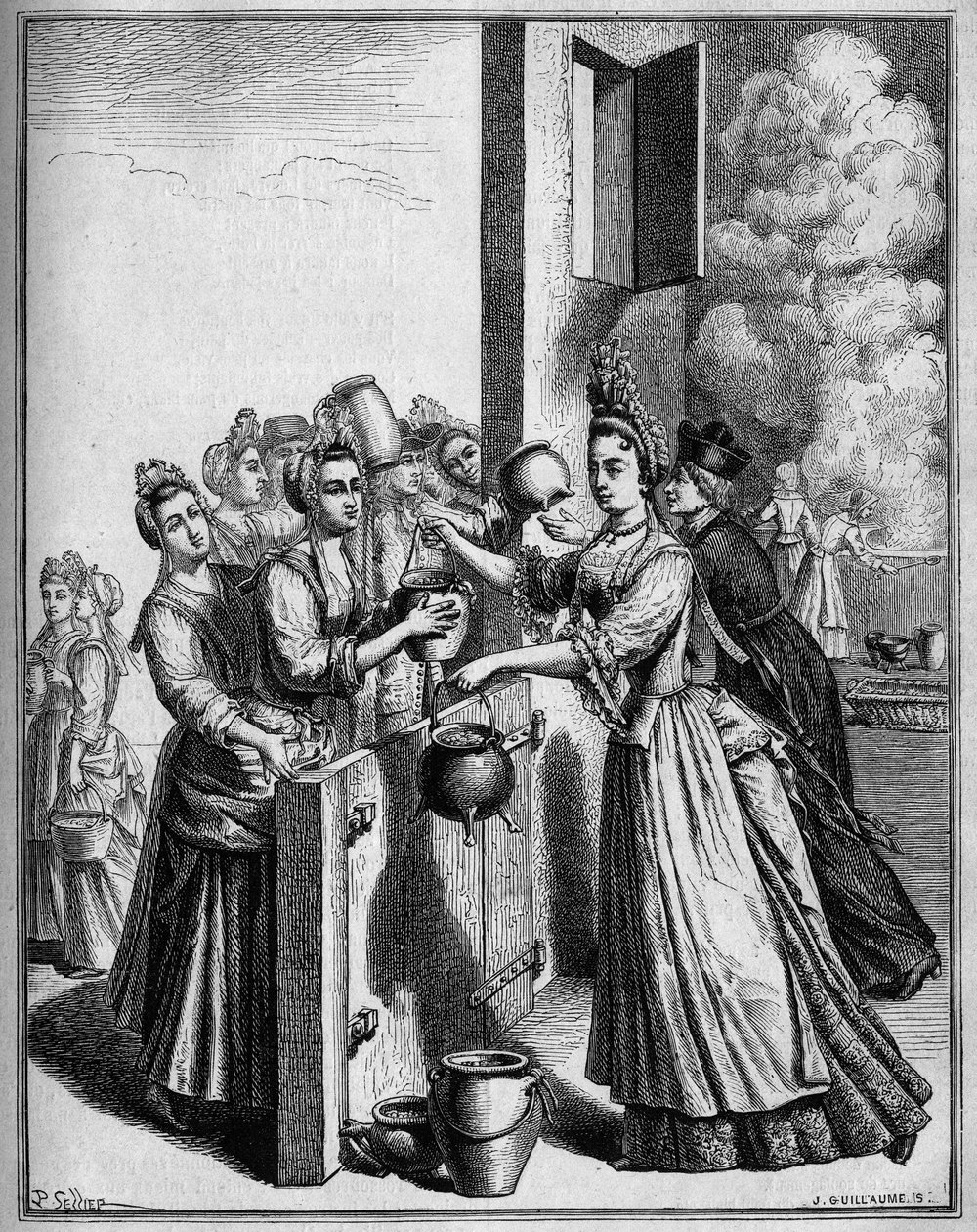 La ayuda de sopa en París durante la hambruna de 1709. Dibujo de Sellier, basado en una impresión del siglo XVIII. de Unknown artist