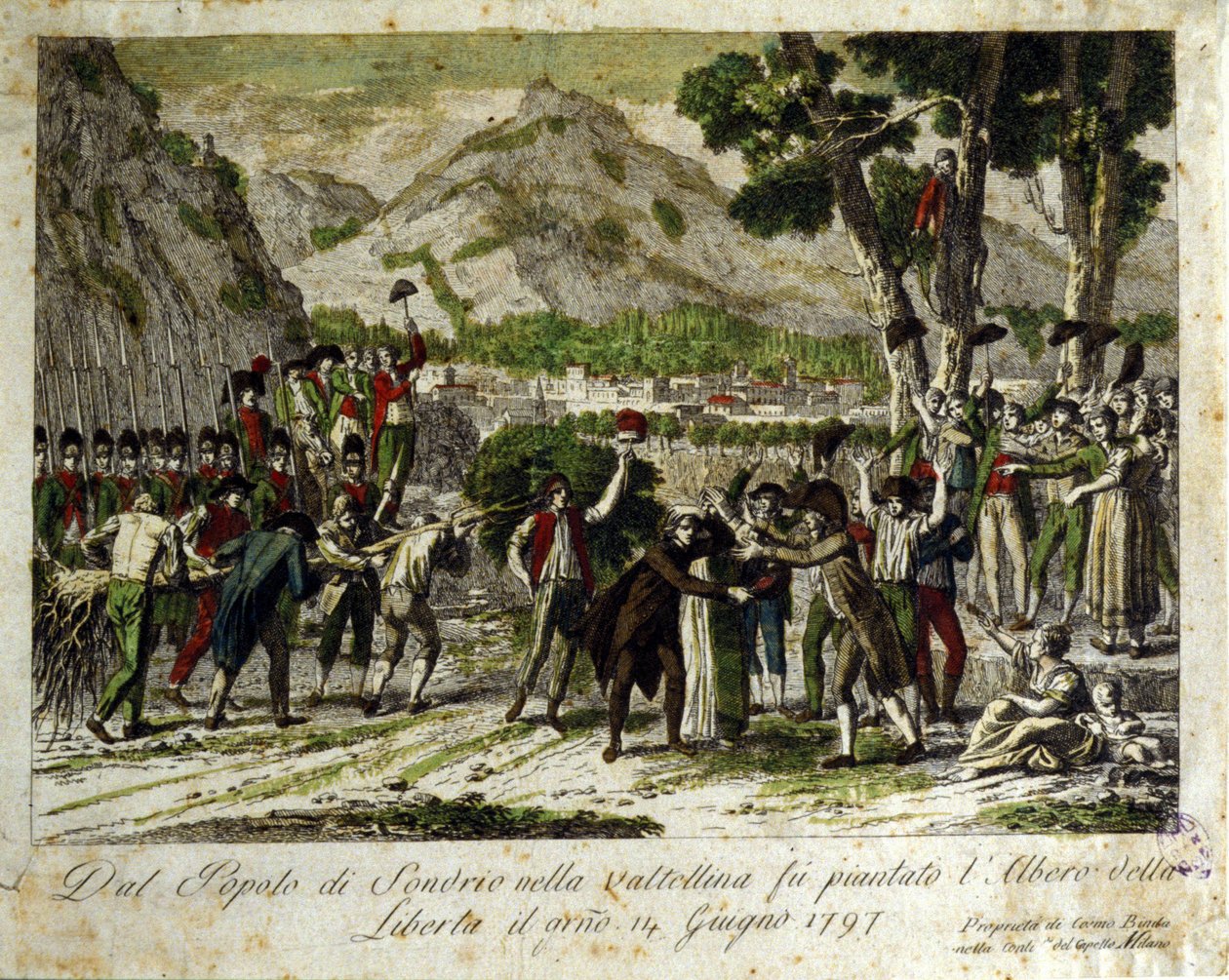 Los habitantes de Sondrio de la Valtellina plantan el árbol de la Libertad, símbolo de la victoria sobre el Antiguo Régimen. 14/06/1797. Grabado de Unknown artist
