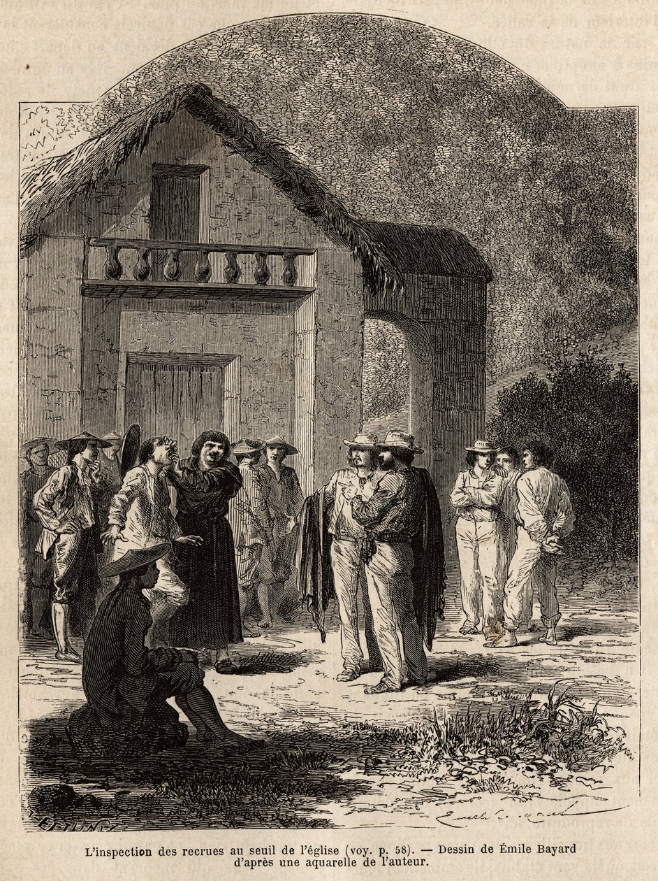 La inspección de reclutas en el umbral de la iglesia de Marcapata (Perú), por el pastor del pueblo, que verifica el estado de salud y fuerza de los indios complacientes, para formar el equipo de porteadores del autor. Grabado para ilustrar el viaje de Unknown artist