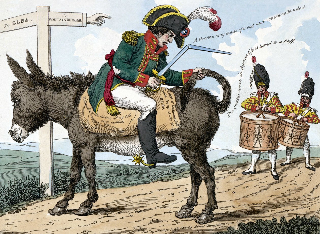 El viaje de un héroe moderno, a la isla de Elba. El viaje de un héroe moderno a la isla de Elba. Esta caricatura muestra a Napoleón Bonaparte sentado en un burro en el camino de Fontainebleau a la Isla de Elba; sostiene una espada rota en una mano y el  de Unknown artist