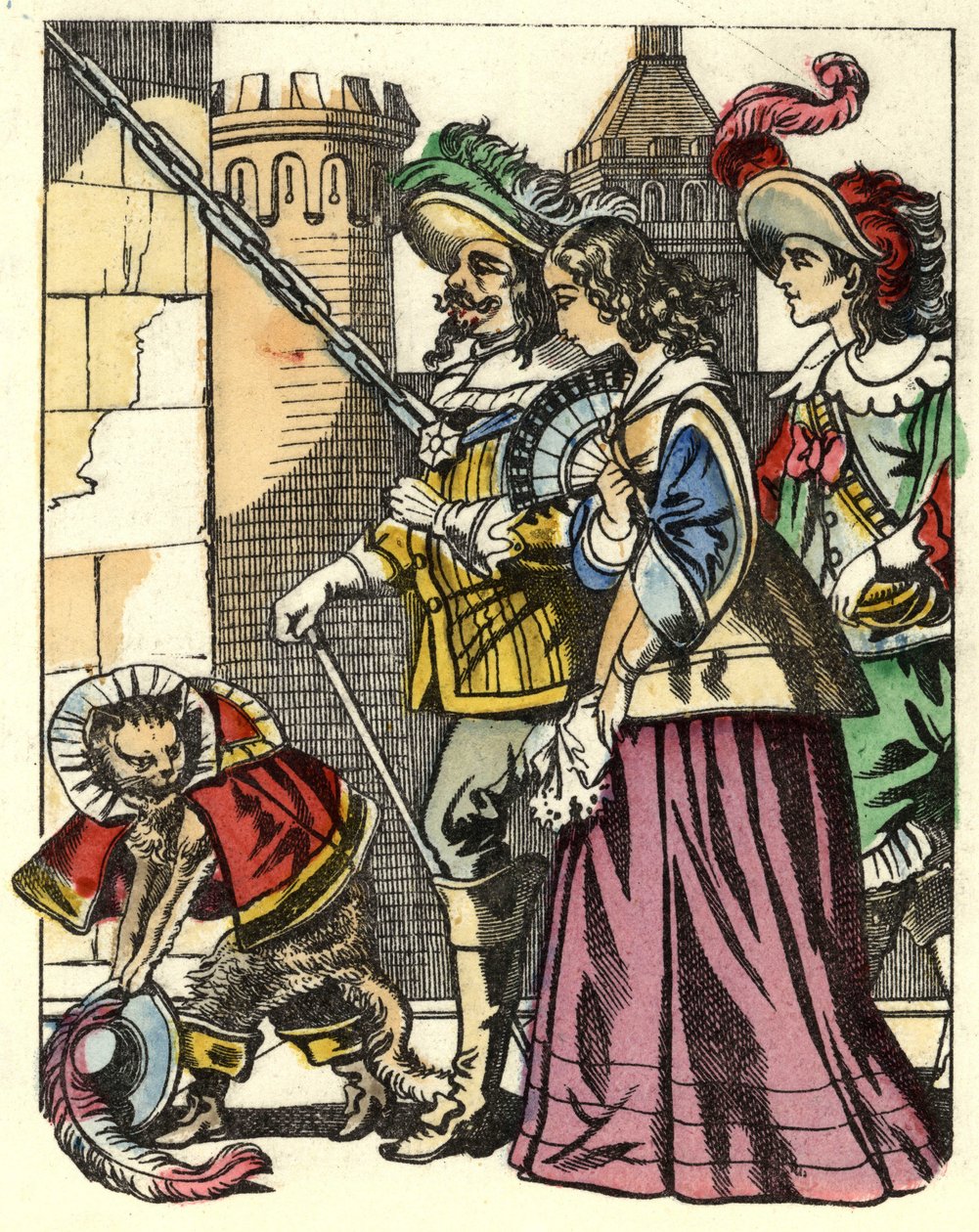El rey, la princesa y el Marqués de Carabás llegan al castillo del ogro precedidos por el Gato con botas. Ilustración del cuento "El gato con botas" de Charles Perrault de Unknown artist