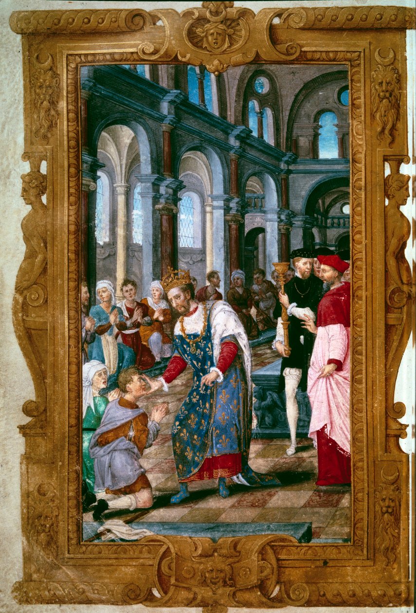 El rey toca, Dios te oye. El rey Enrique II (1519-1559), taumaturgo, cura a un enfermo de escrófulas en la abadía de Saint Marcoul, justo después de la ceremonia de coronación en Reims. Cerca de él el arco de Reims. Miniatura de “Las Horas de Enrique II” 1 de Unknown artist
