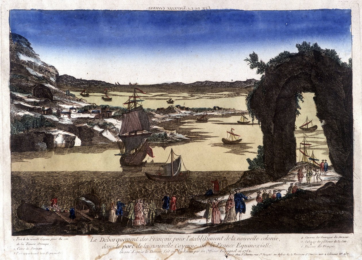 El desembarco de los franceses para el establecimiento de la nueva colonia en el puerto de Nouvelle Cayenne (o Francia Equinoccial) de Unknown artist