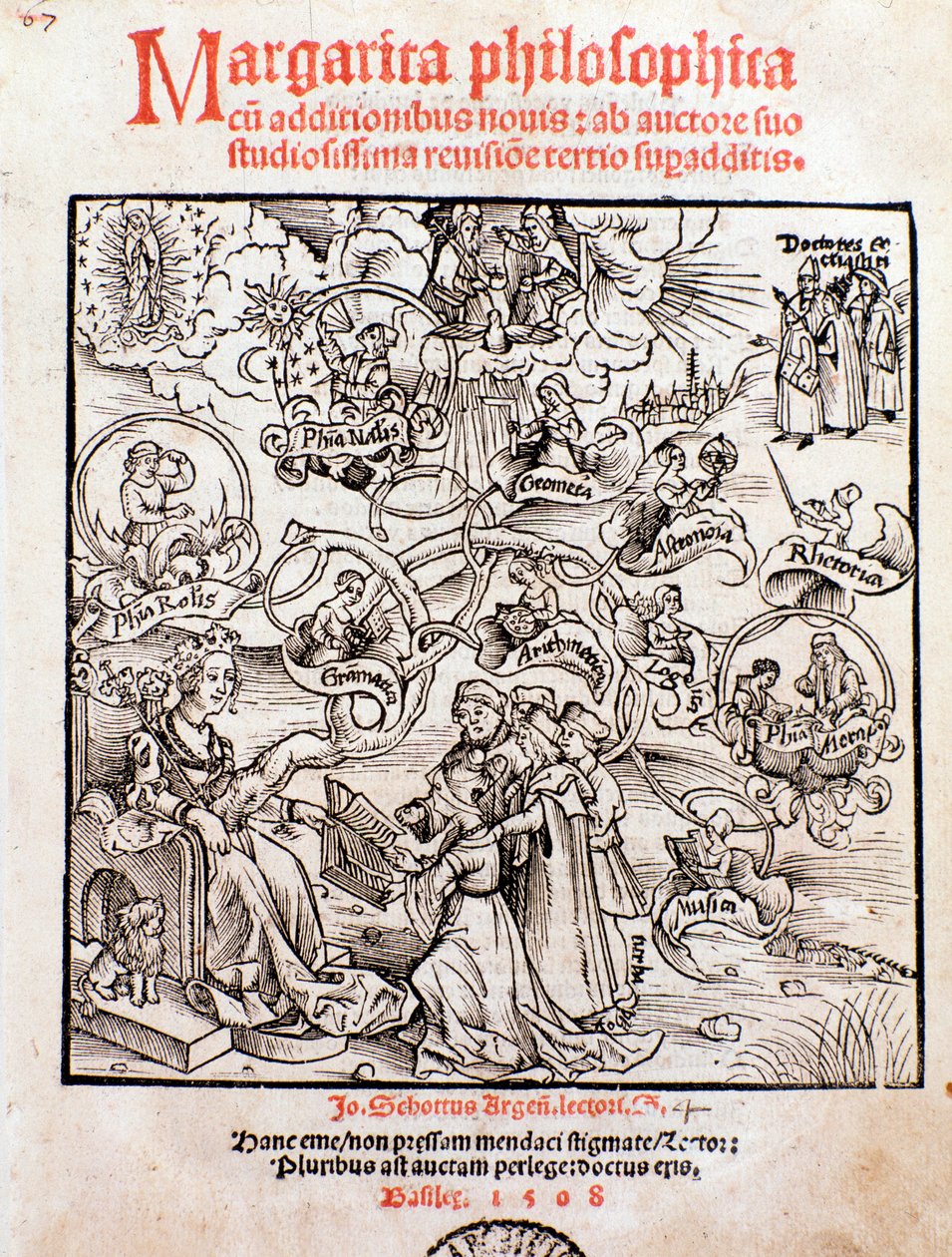 Las artes liberales: Trivium (gramática, lógica y retórica) y quadrivium (aritmética, geometría, música y astronomía) (grabado) de Unknown artist