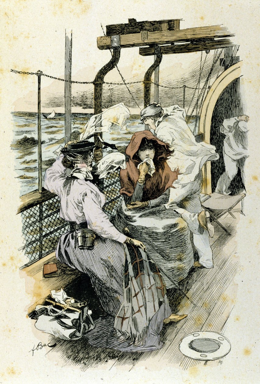La vida de los pasajeros a bordo: una joven sufre de mareo. de Unknown artist