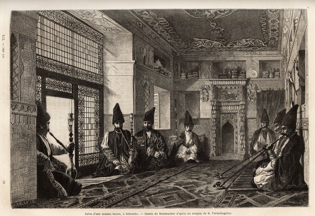 El salón de una casa rica tártara en Schusha (Transcaucasia, Rusia), donde los hombres se reúnen, sentados en alfombras para fumar la pipa y charlar. Grabado para ilustrar el viaje en las provincias del Cáucaso, por Basile Vereschaguine, en 1864-1865, publ de Unknown artist