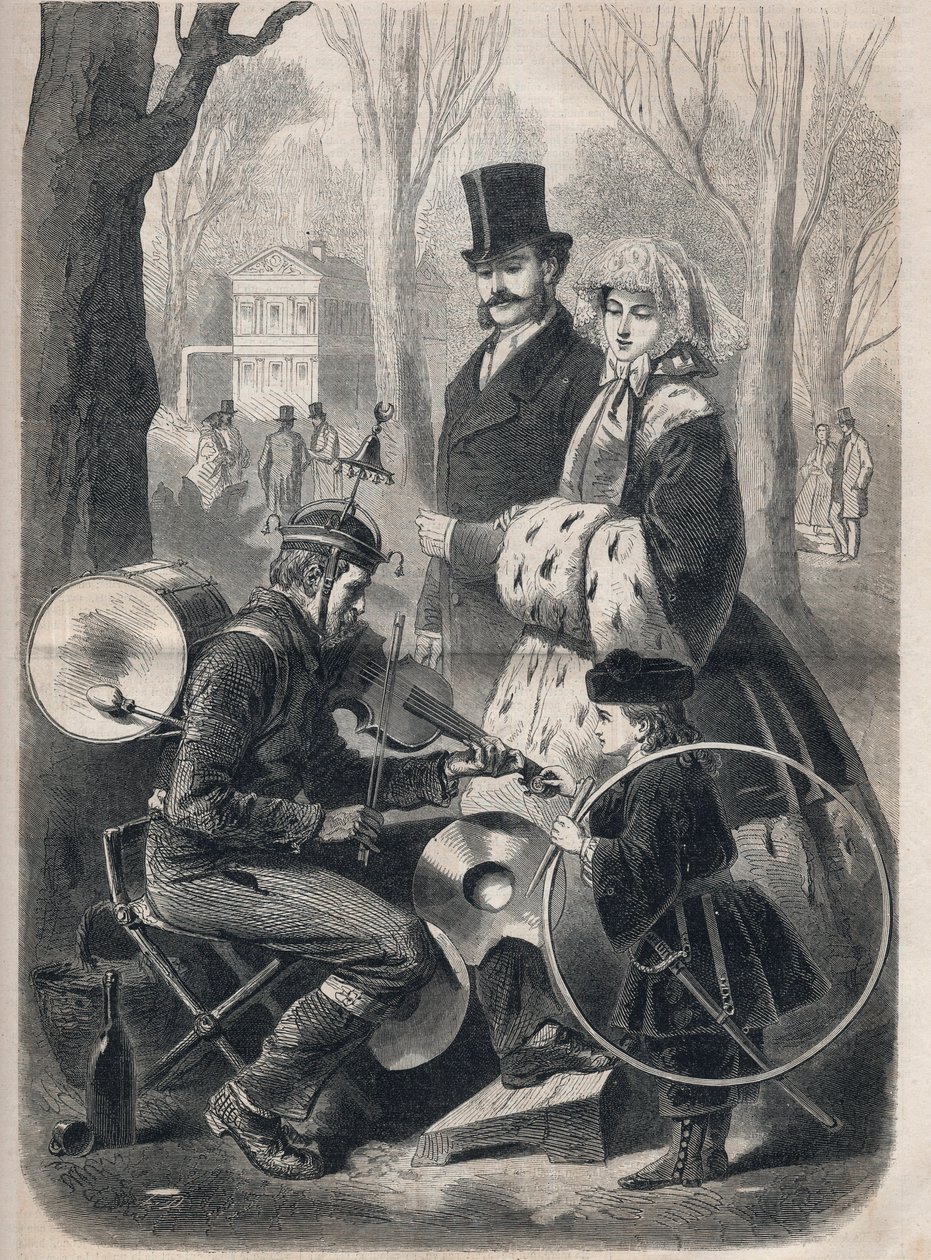 El hombre orquesta de los Campos Elíseos en París. Lleva un sombrero de campanas, una caja de rodillos en la espalda, platillos en las rodillas y toca el violín. Grabado en “Le Monde illustré” de 1862. Colección privada. de Unknown artist