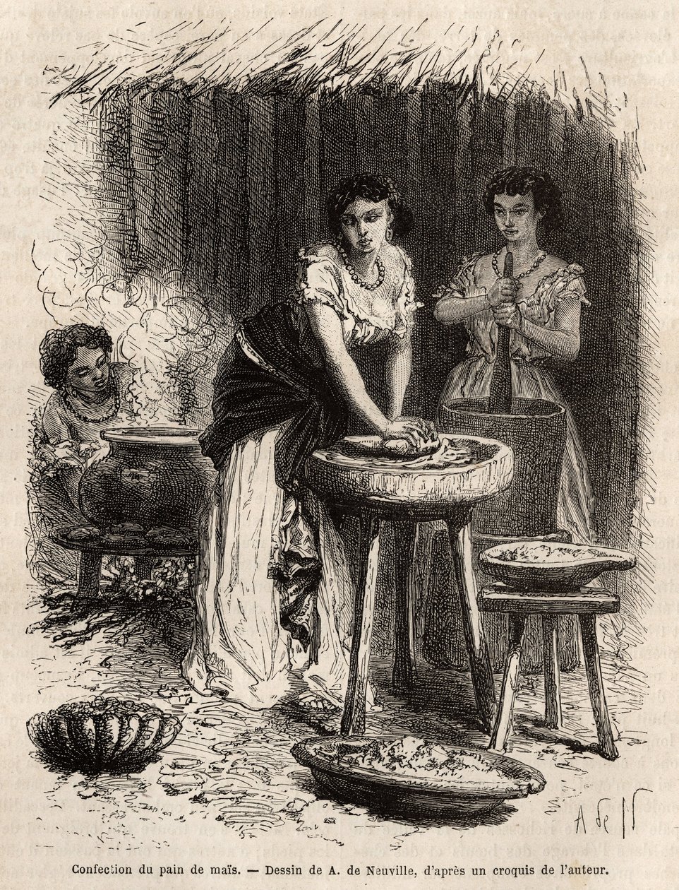 La fabricación de pan de maíz, la base de la alimentación, por mujeres del Gran Valle del Cauca (Colombia). Grabado para ilustrar el viaje a Nueva Granada, por el Dr. Saffray, en 1869, publicado en "Le tour du monde" 1873, editado por Edouard Charton, edic de Unknown artist