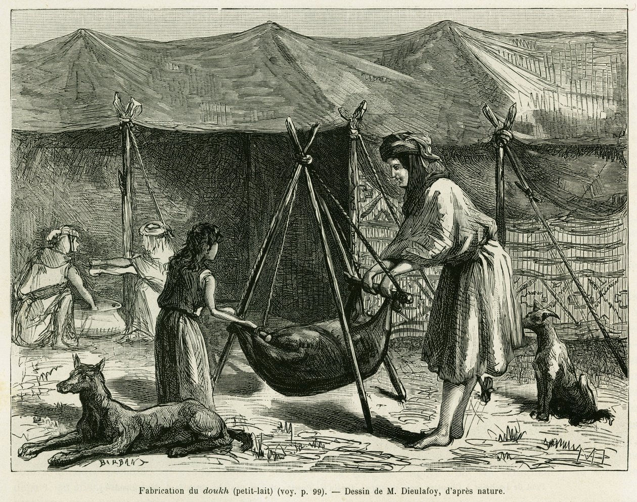 La fabricación de leche por las mujeres pastoras de la región de Karoun. Grabado para ilustrar la historia La Persia, la Caldea y la Susiana por Jane Delafoy (1851-1916), oficial de la academia, en Le tour du monde 1886, dirigido por Edouard Charton (1807- de Unknown artist