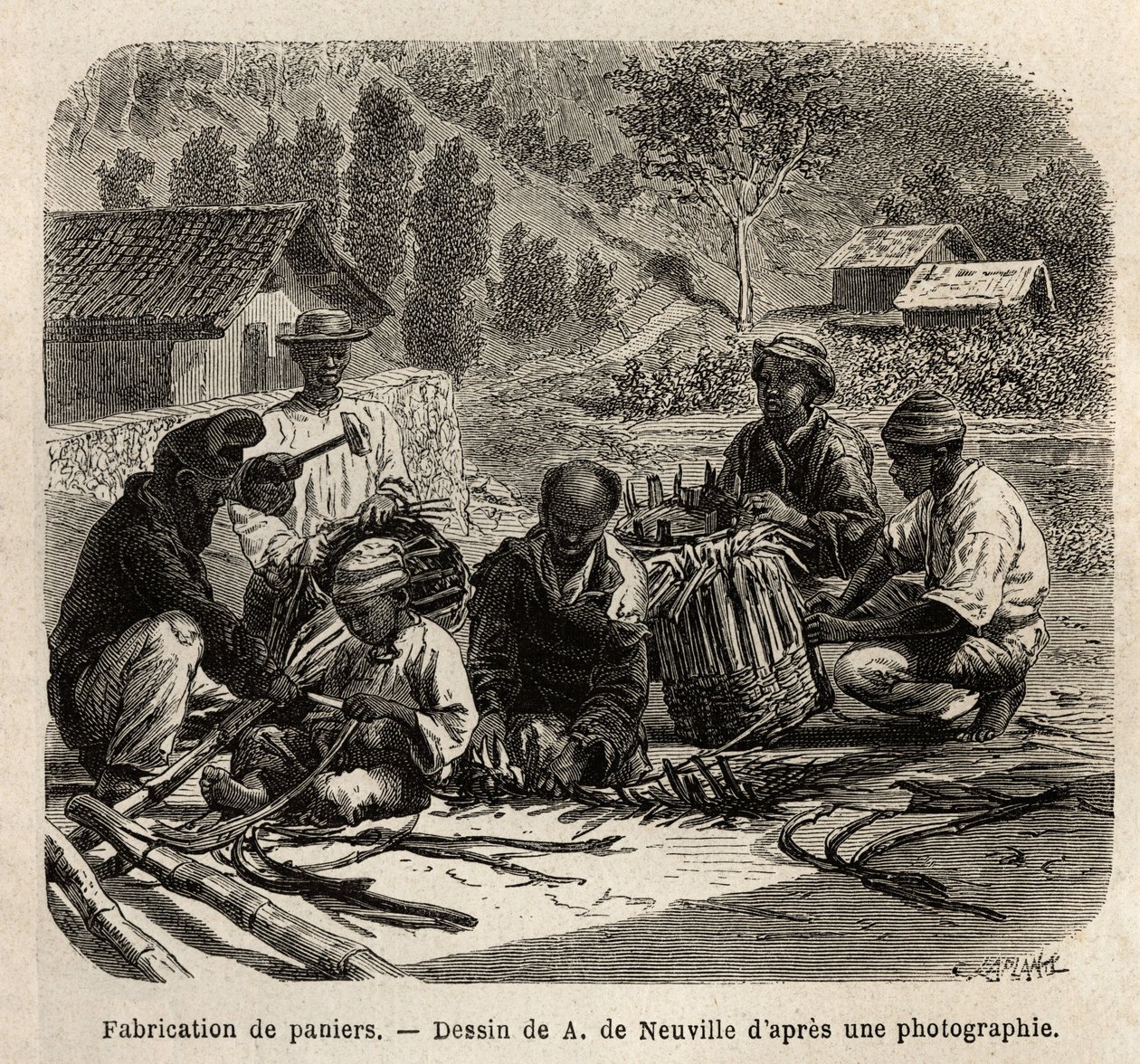 La fabricación de cestas de hojas de palma, para la recolección de café. Grabado para ilustrar el viaje a Brasil, historia por M. y Mme Agassiz, en 1865-1866, publicado en “Le tour du monde, nouveau journal des voyages”, bajo la dirección de Edouard Charto de Unknown artist