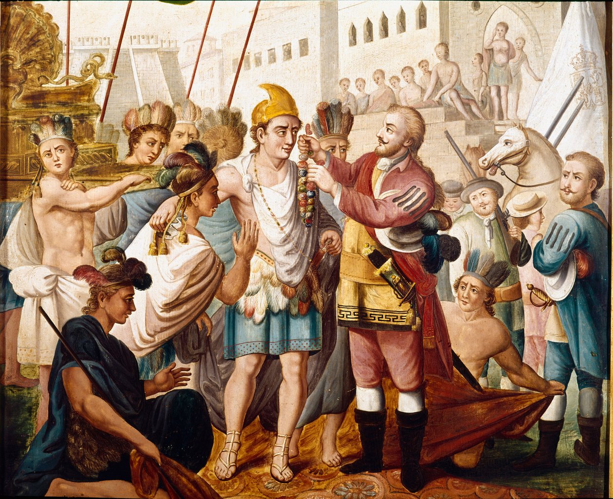 El encuentro entre Hernán Cortés y el rey azteca Moctezuma en noviembre de 1519 de Unknown artist
