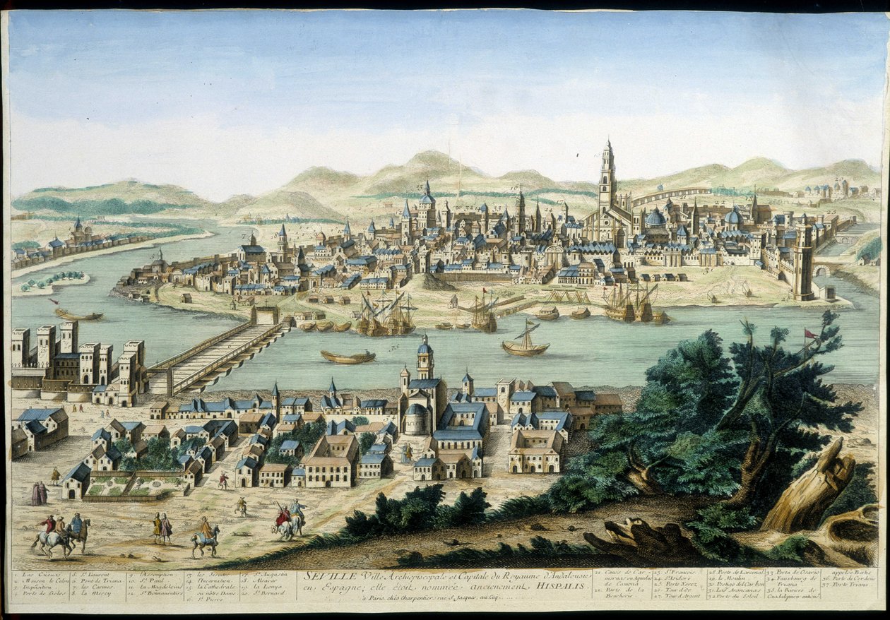 El puerto y la ciudad de Sevilla - grabado del siglo XVIII de Unknown artist