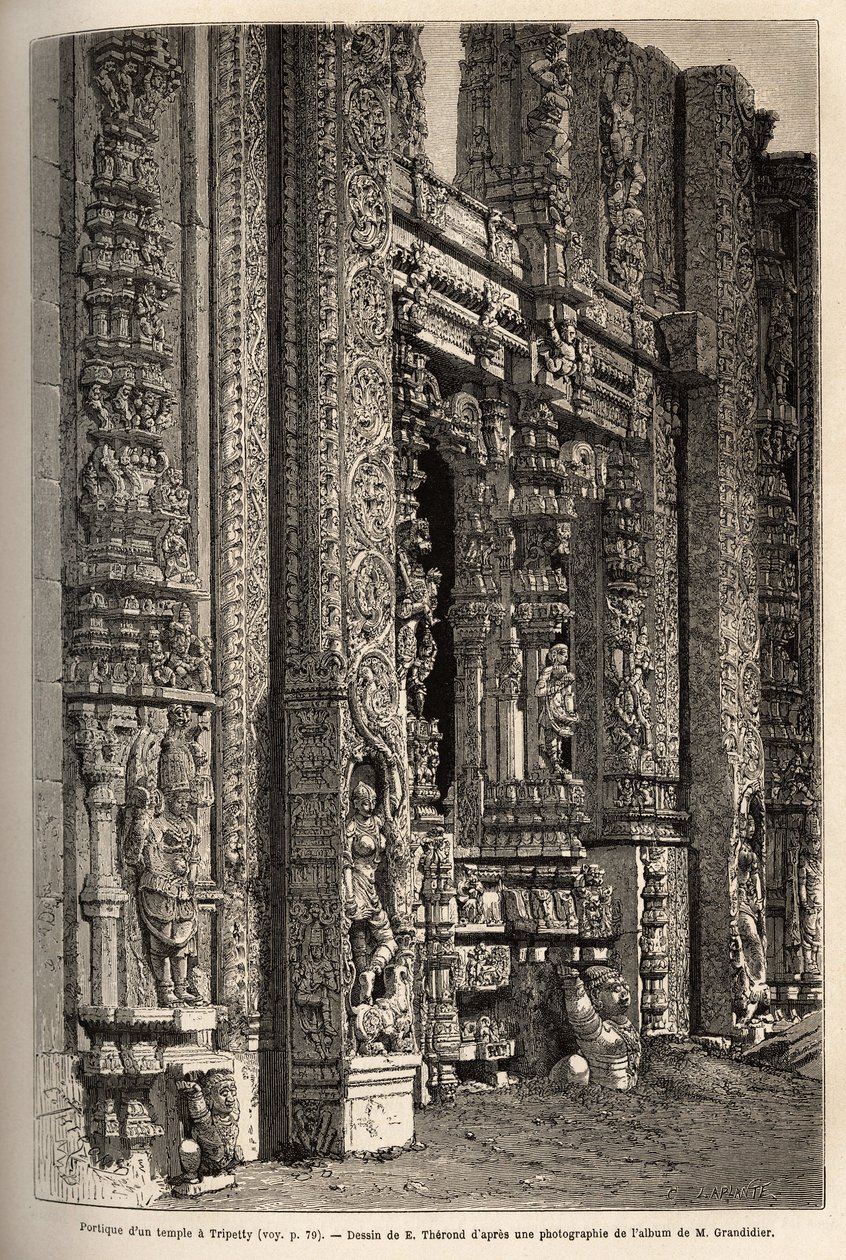 El pórtico tallado de un templo en Tripetty (o Tirupati, en Andhra Pradesh), un importante lugar de peregrinación hindú. Grabado para ilustrar el viaje a las provincias meridionales de India, por Alfred Grandidier, en 1862-1864, publicado en “Le tour du mo de Unknown artist