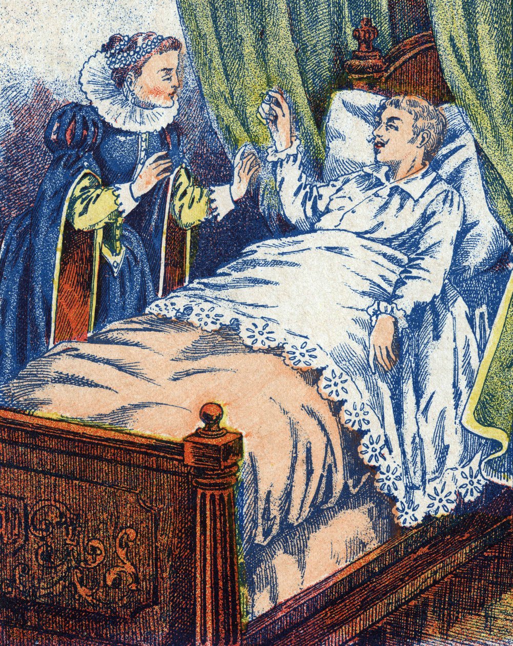 El príncipe muestra el anillo a su madre. Ilustración anónima para Piel de Asno, cuento de Charles Perrault (1628-1703), escritor francés. Imágenes Marcel Vagne, Jarville Nancy, sin fecha (finales del siglo XIX) de Unknown artist