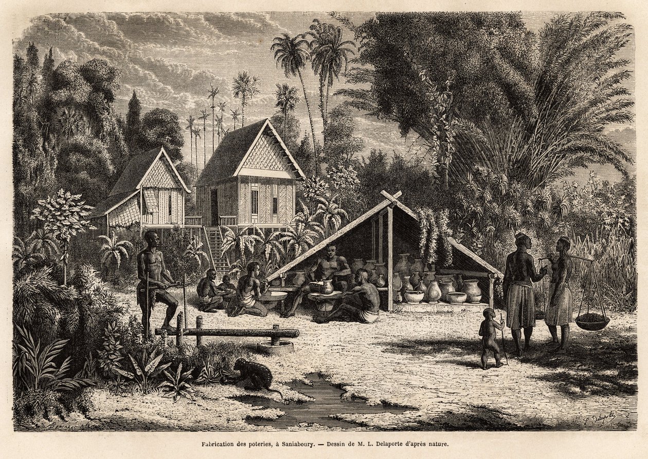 La producción de cerámica en Saniaboury (Laos). Grabado para ilustrar el viaje de exploración en Indochina, por Francis Garnier, teniente de Vaissseau, en 1866-1868, publicado en "Le tour du monde" 1870-1871, editado por Edouard Charton, edición Hachette de Unknown artist