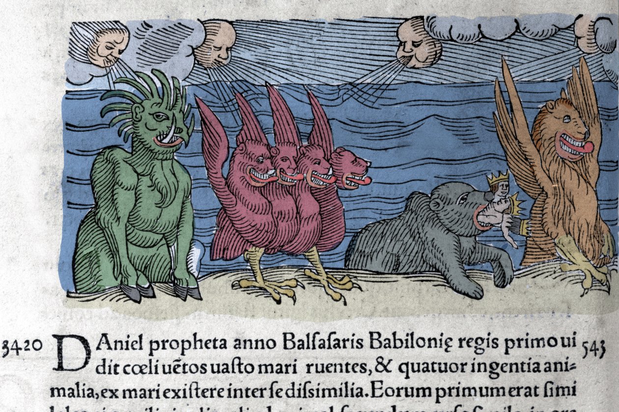 El profeta Daniel ve monstruos aparecer: Haniel, Kafziel, Azriel, Aniel. Grabado del “Libro de Prodigiorum ac ostentorum Chronicon Basileae” de Wolfhart (Conrad Lycosthene) 1557 de Unknown artist