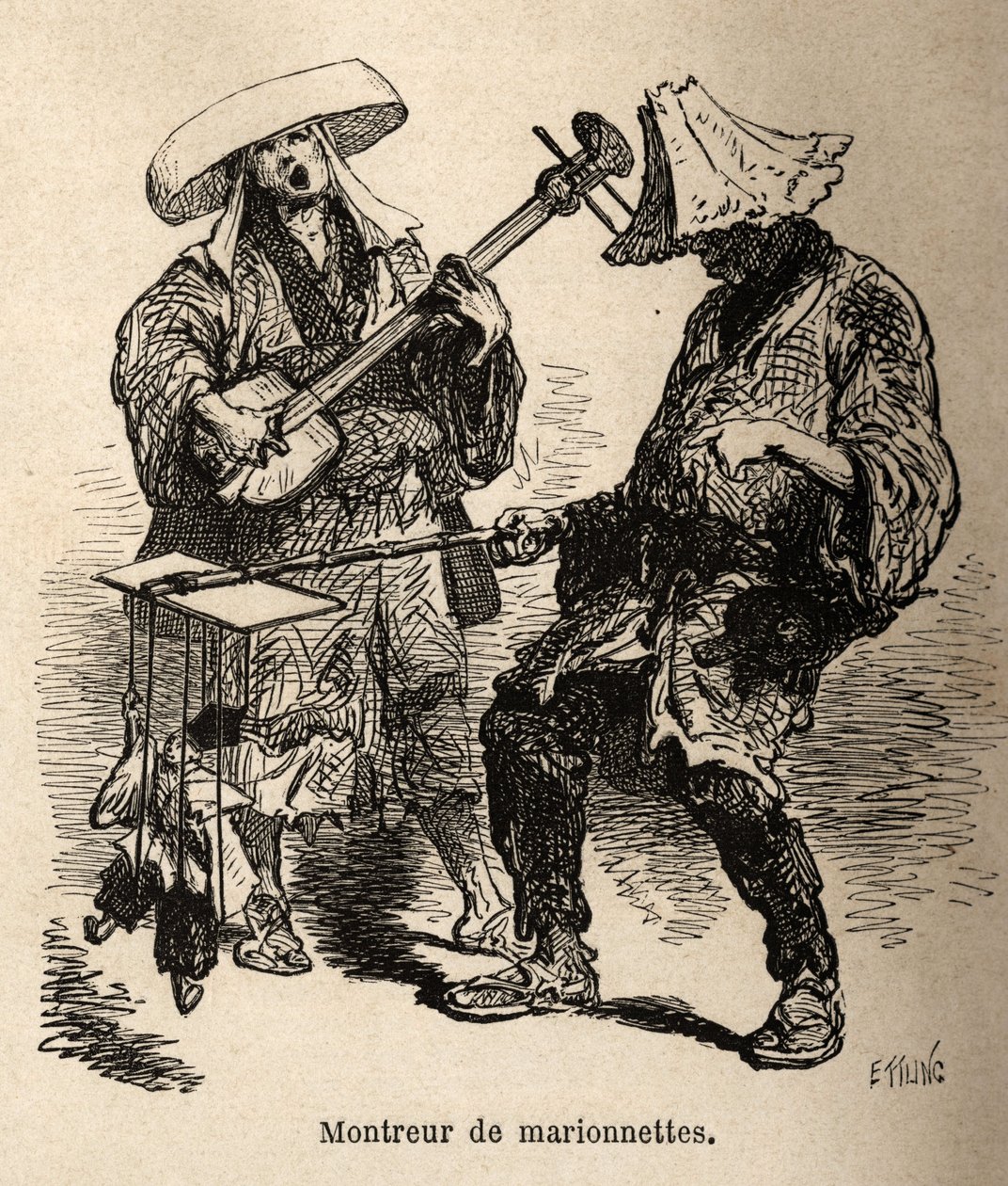El espectáculo de marionetas y el músico que lo acompaña para el entretenimiento callejero. Grabado para ilustrar el viaje a Japón, por Aime Humbert, ministro de la Confederación Suiza, en 1863-1864, publicado en “Le tour du monde”, bajo la dirección de Ed de Unknown artist