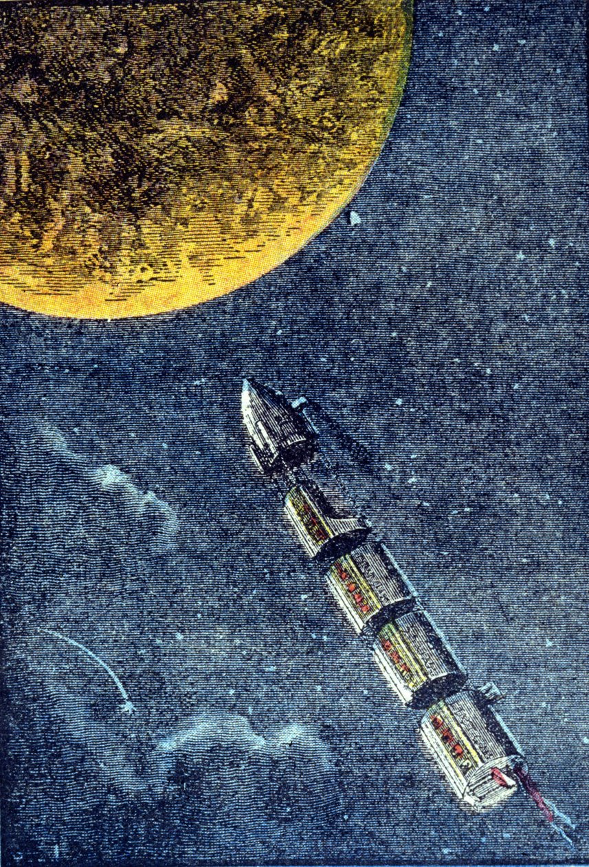 El cohete lanzado al espacio llegando a la luna - grabado en “De la Tierra a la Luna” de Julio Verne de Unknown artist
