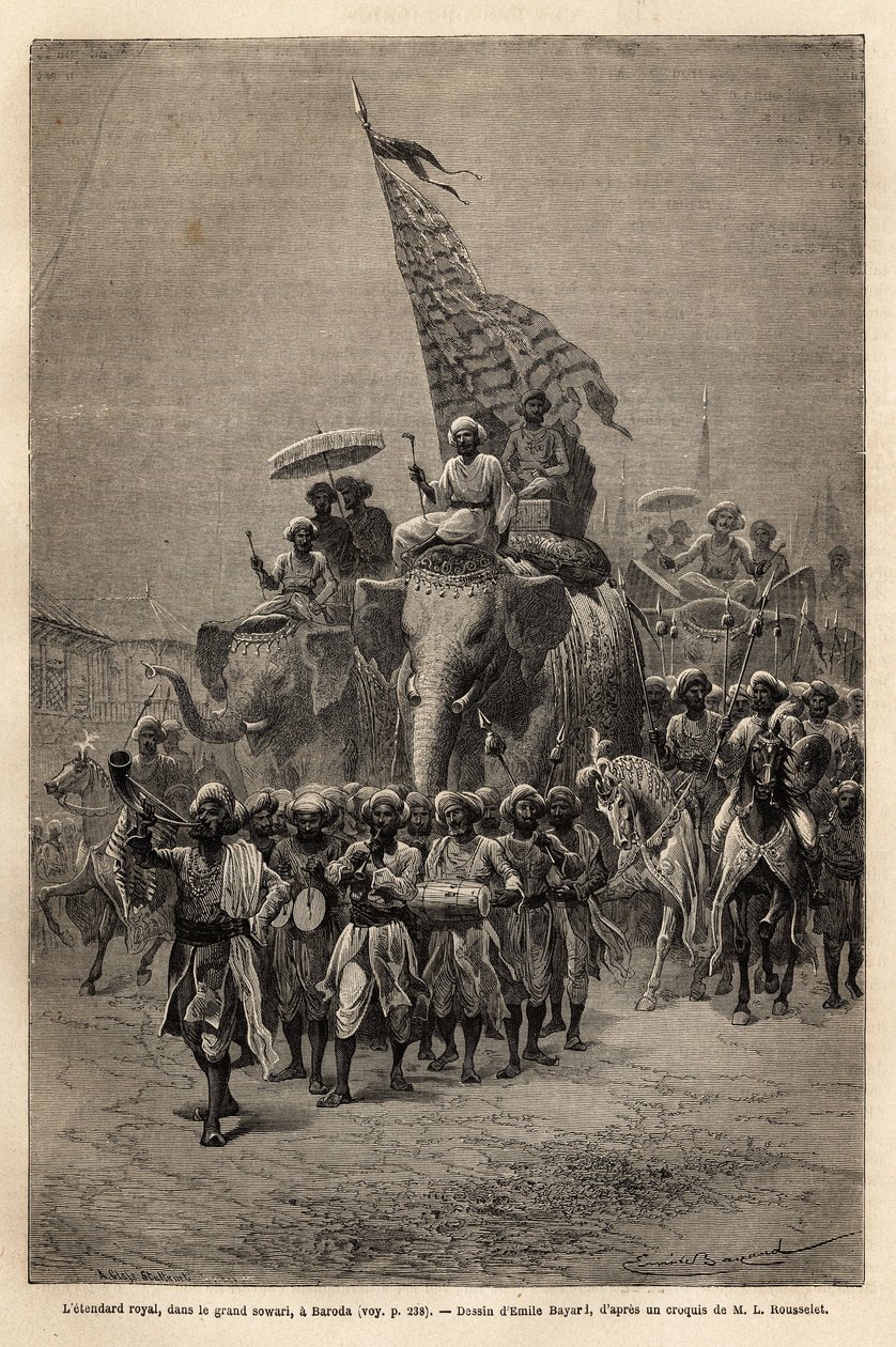 La bandera real en la sowari (procesión militar) en Baroda, estado de Gujarat, India. Grabado para ilustrar el viaje en India de los Rajás, por Louis Rousselet, en 1864-1868, publicado en 
