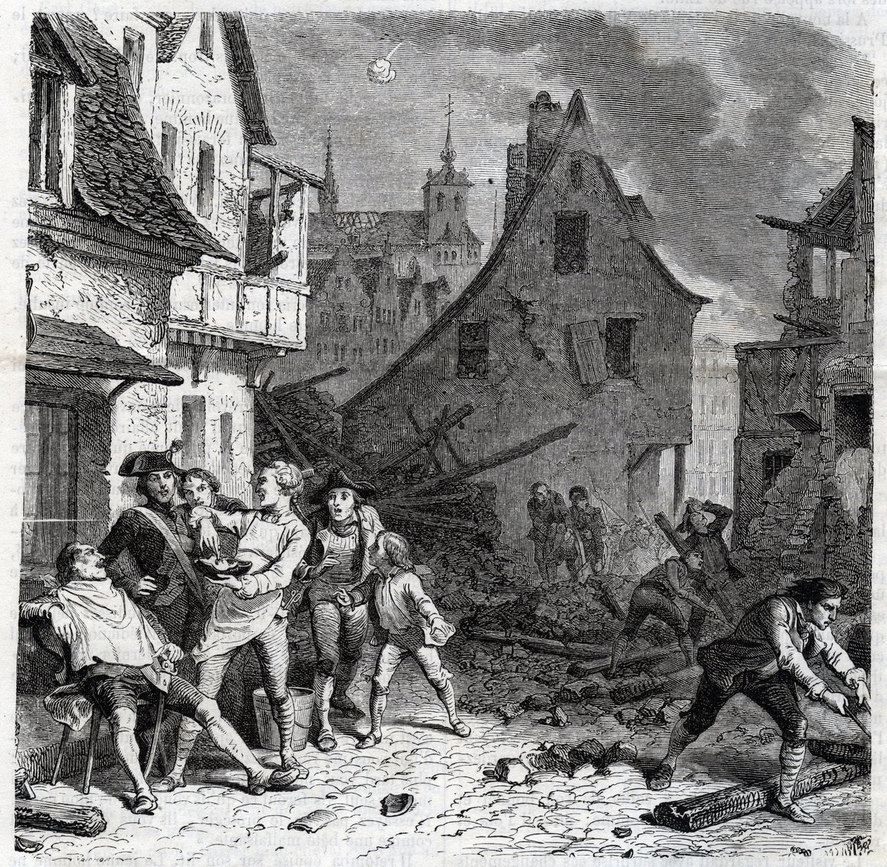 El plato de afeitar de Lille. Un episodio del asedio de Lille en 1792 durante las Guerras Revolucionarias Francesas - Le siège de Lille en octobre 1792 - Révolution française - Bombardement par les Autrichiens et les Prussiens - Le barbier utilise une demi de Unknown artist