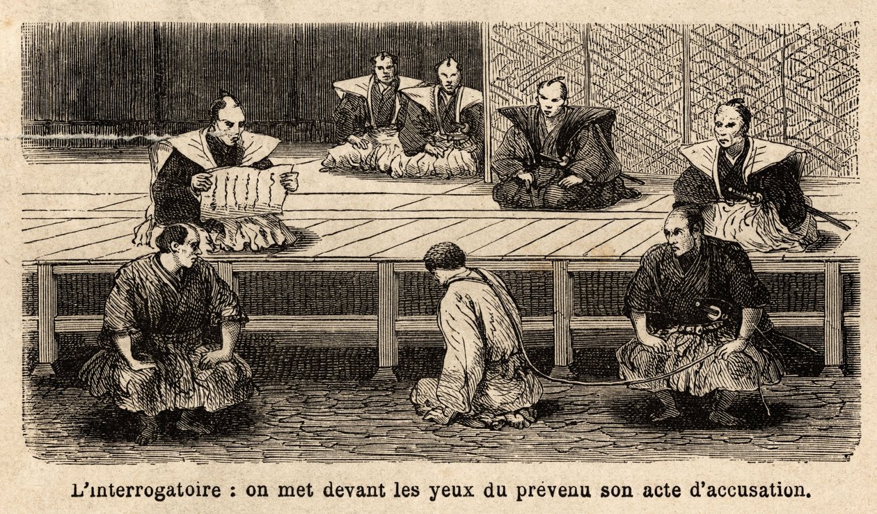 Las etapas de la justicia: interrogatorio, lectura de la acusación al acusado, que se encuentra frente a sus jueces, de rodillas, con el cuello sostenido por una cuerda sostenida por un guardia. Grabado para ilustrar el viaje a Japón, en 1863-1864, por Aim de Unknown artist