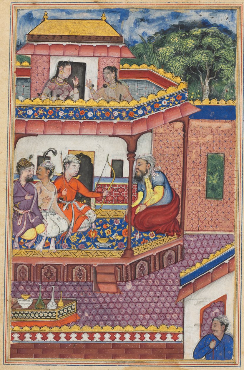 Los tres jóvenes se presentan como pretendientes para la mano de Zuhra, la hija del comerciante de Kabul, de un Tuti-nama (Cuentos de un loro): Trigésima cuarta noche de Unknown artist
