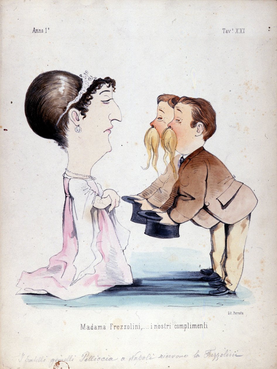 Los hermanos gemelos Pelliccia recibieron a Erminia Frezzolini, la soprano italiana (1818-1884). Caricatura del siglo XIX de Unknown artist