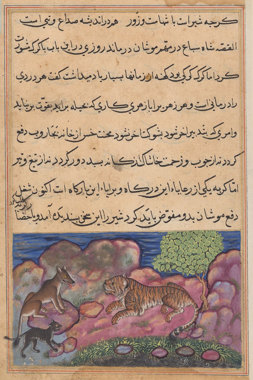 El lobo aconseja al león consultar al gato, de un Tuti-nama (Cuentos de un loro): Decimoquinta Noche de Unknown artist