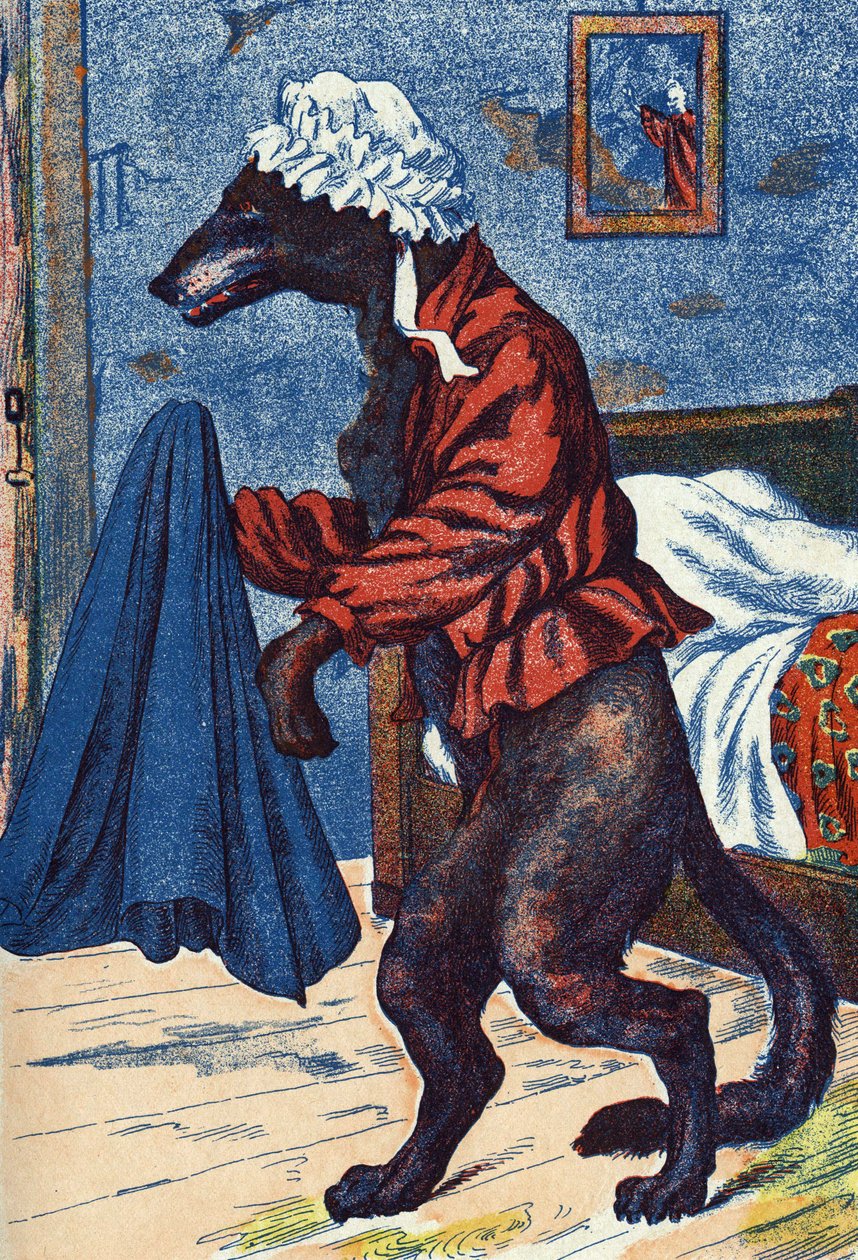 El lobo se pone la ropa de la abuela. Ilustración anónima para "Caperucita Roja", cuento de Charles Perrault (1628-1703), escritor francés. Imágenes Marcel Vagne, Jarville Nancy, sin fecha (finales del siglo XIX) de Unknown artist