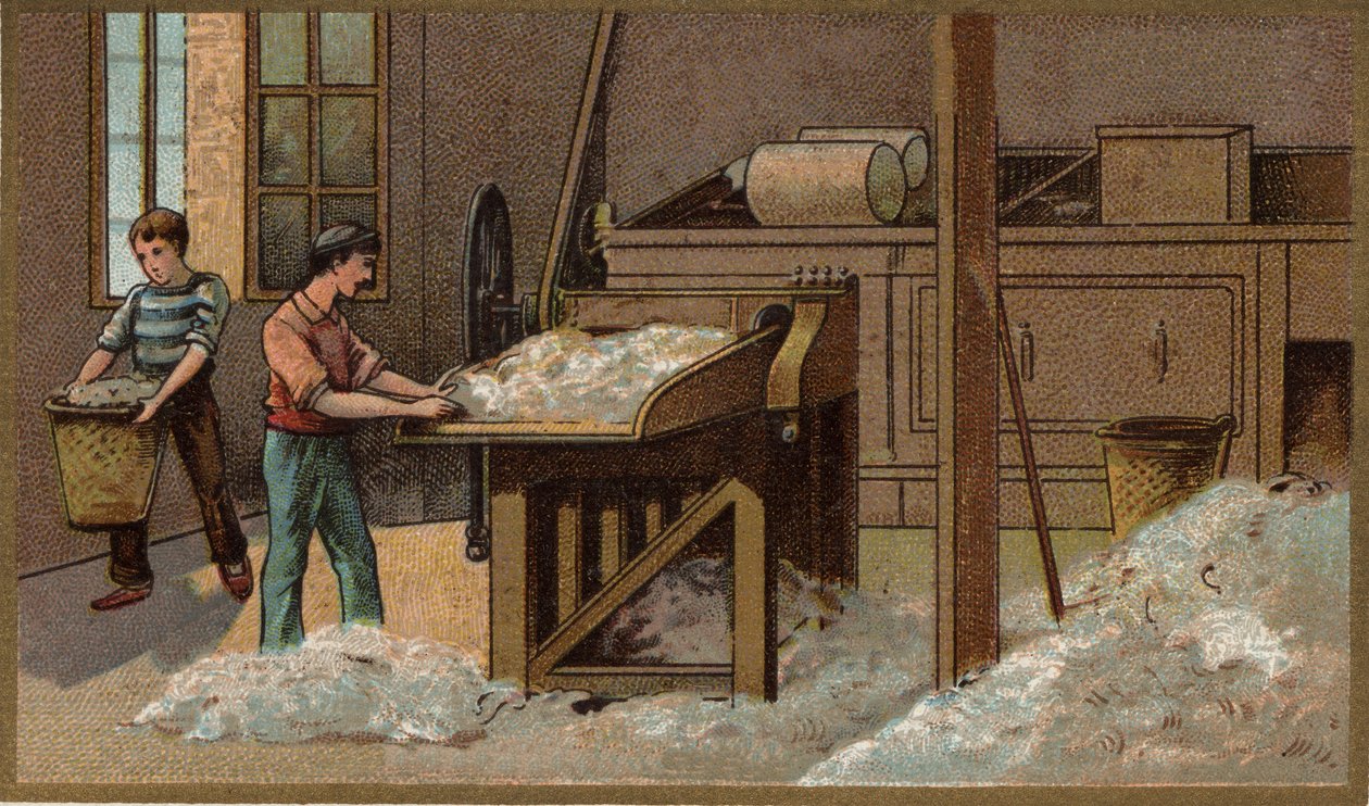 La industria de la lana: trilla. Cromolitografía de finales del siglo XIX de Unknown artist