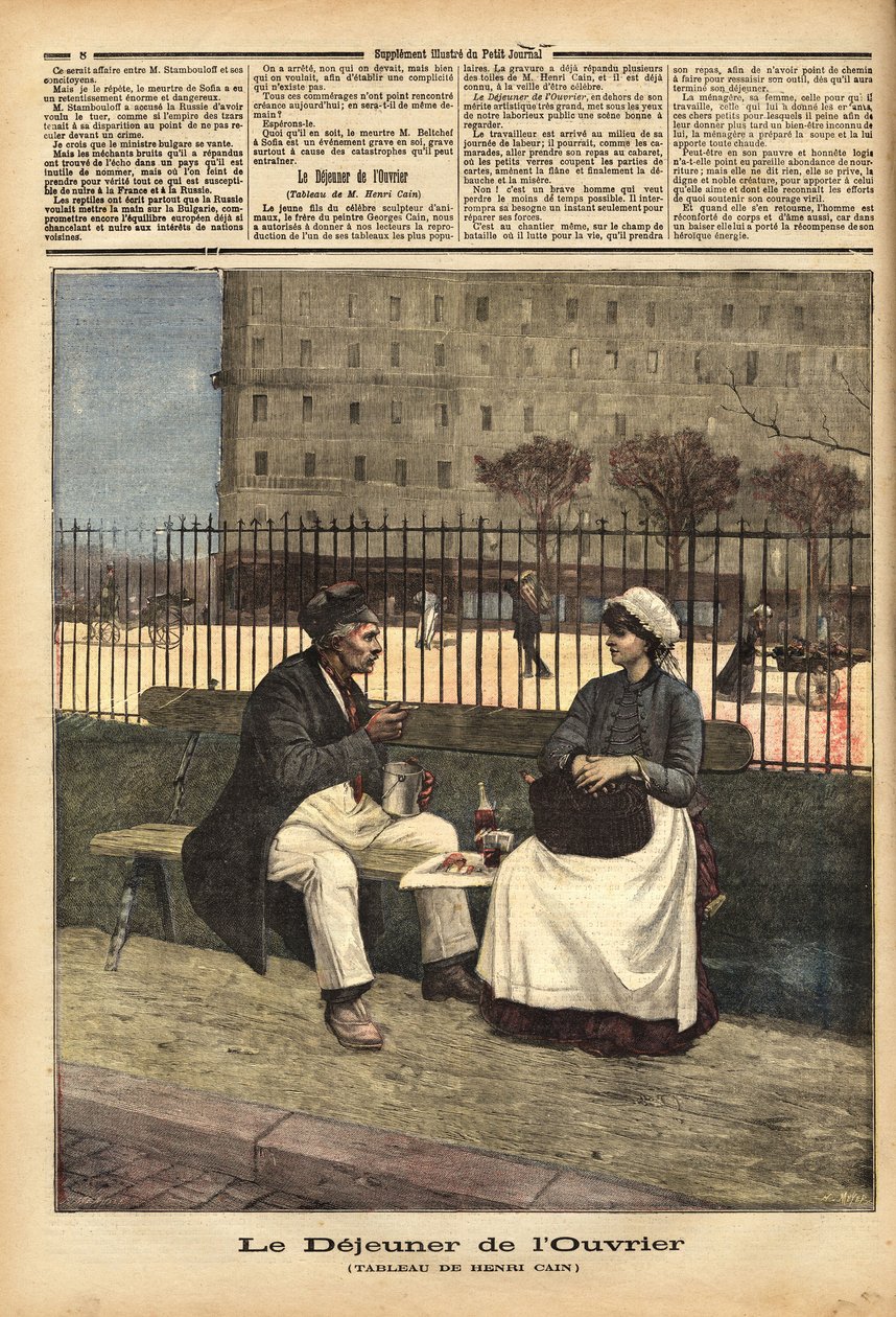 El almuerzo de los trabajadores, reproducción de la pintura de Henri Cain (1859-1930), pintor y dramaturgo. Grabado en “Le petit journal” 18/04/1891. Colección Selva de Unknown artist
