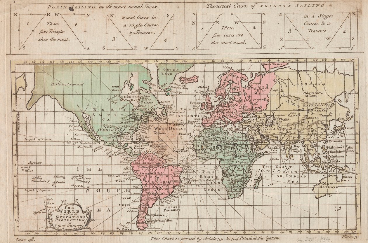 El mundo según la proyección de Mercator o de Edw Wright, c.1730 (grabado) de Unknown artist