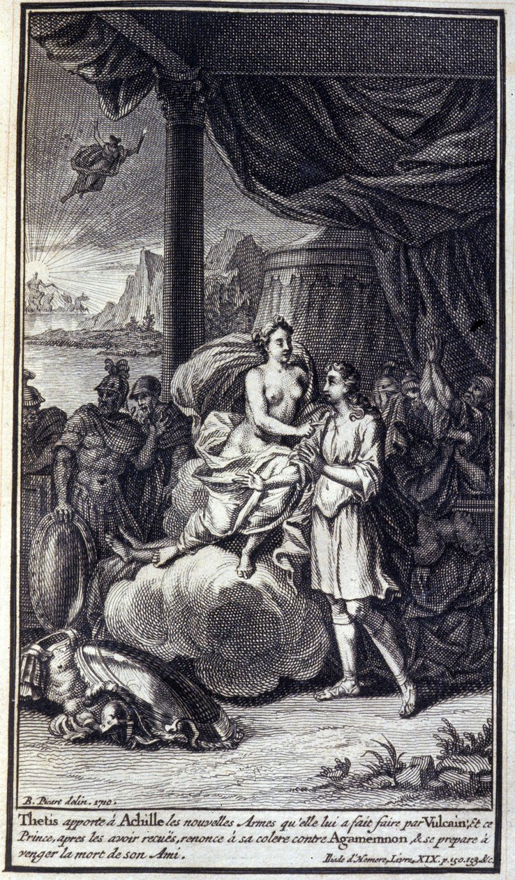 Tetis trae a Aquiles las nuevas armas que le hizo Vulcano; y este príncipe, después de recibirlas, renuncia a su ira contra Agamenón y se prepara para vengar la muerte de su amigo. Ilustración del libro XIX de la Ilíada de Homero de Unknown artist