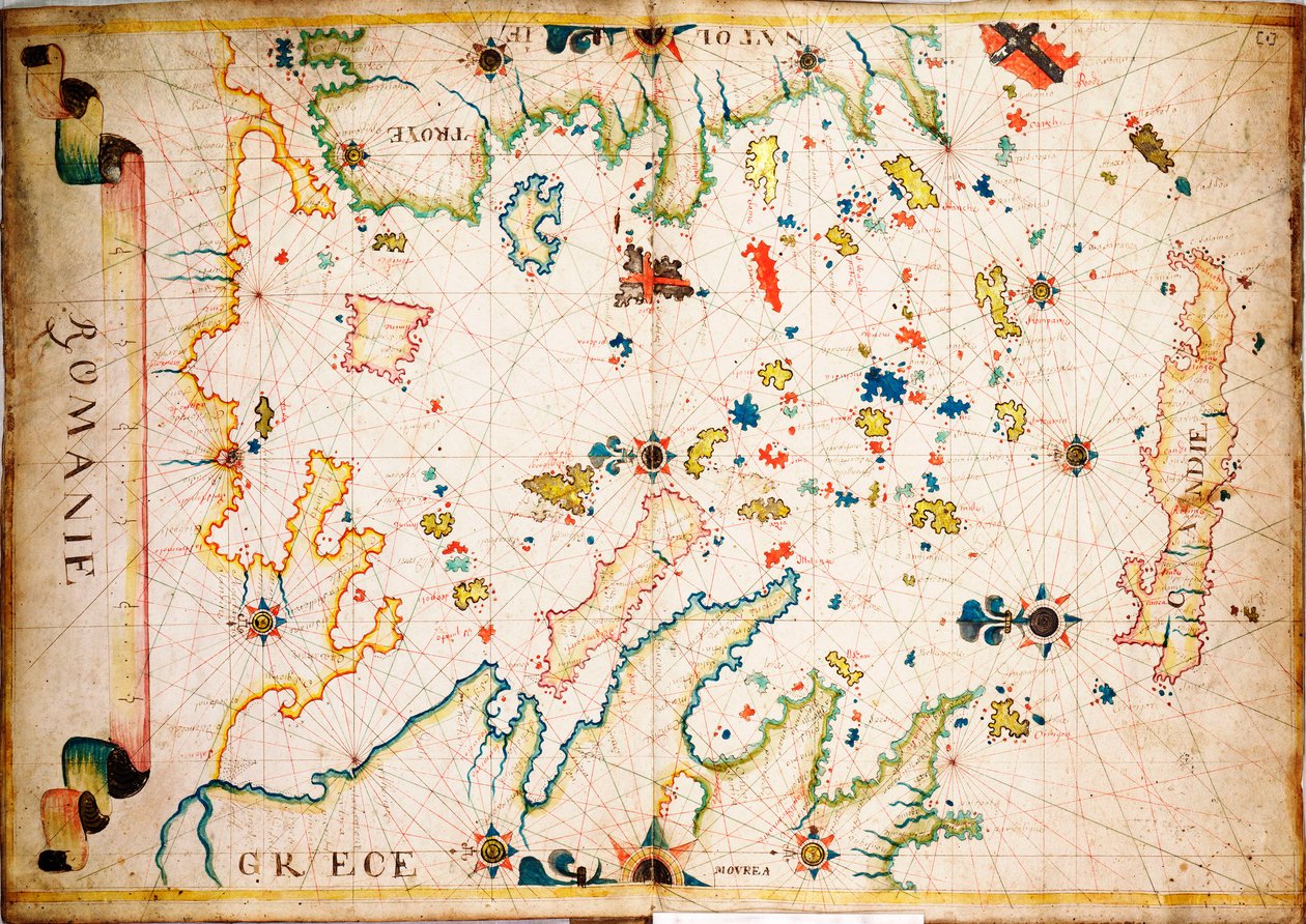 Este tipo de carta de mar en vitela se originó en el Mediterráneo en el siglo XIII, hacia 1610 (manuscrito). de Unknown artist
