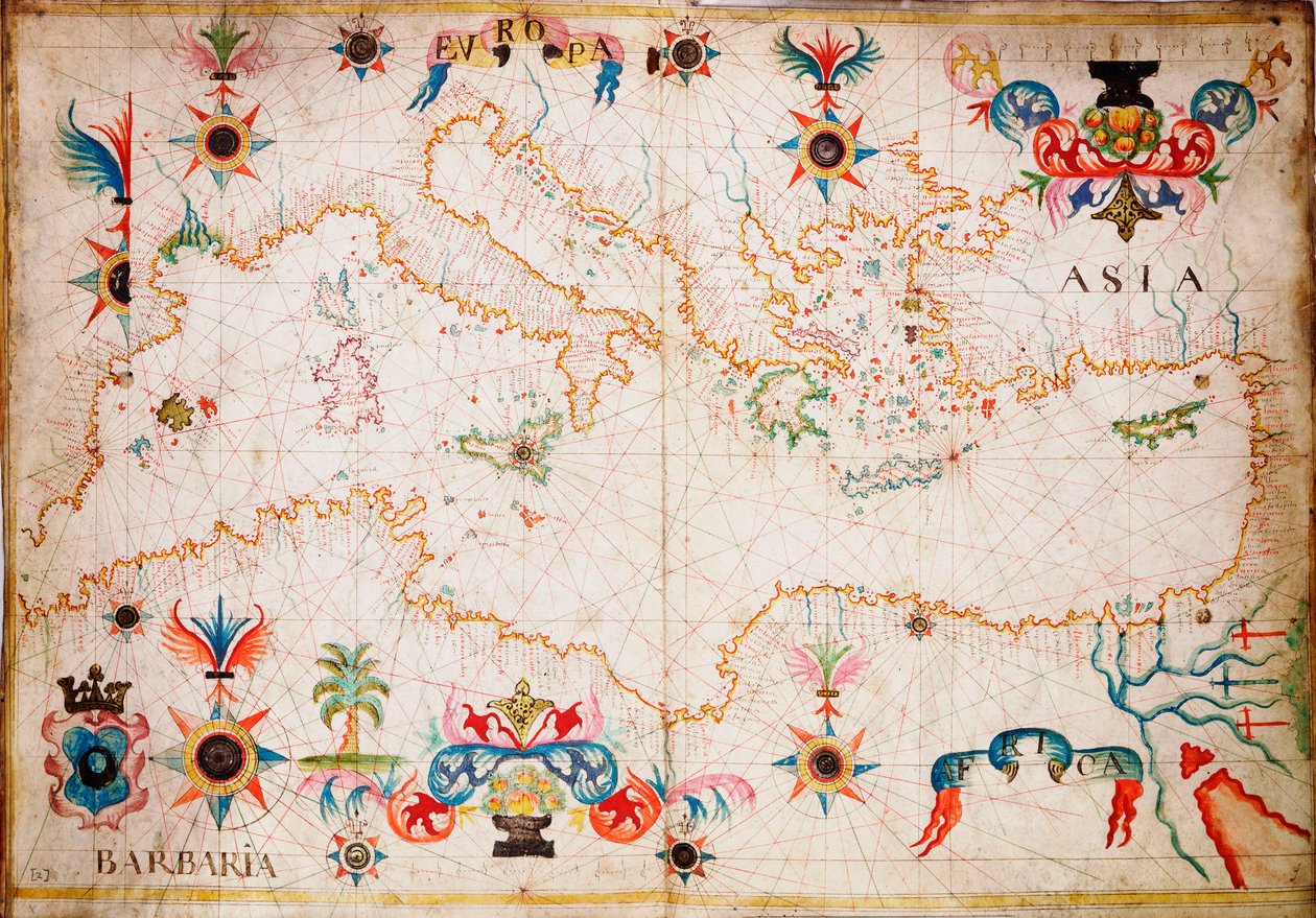 Este tipo de carta de mar en vitela se originó en el Mediterráneo en el siglo XIII, hacia 1610 (manuscrito). de Unknown artist