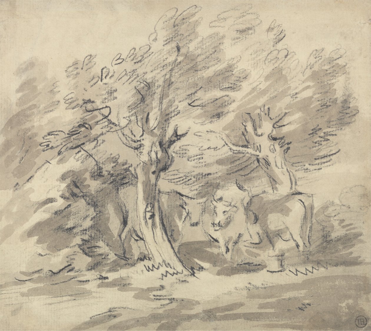 Tres vacas de pie bajo un grupo de árboles de Unknown artist