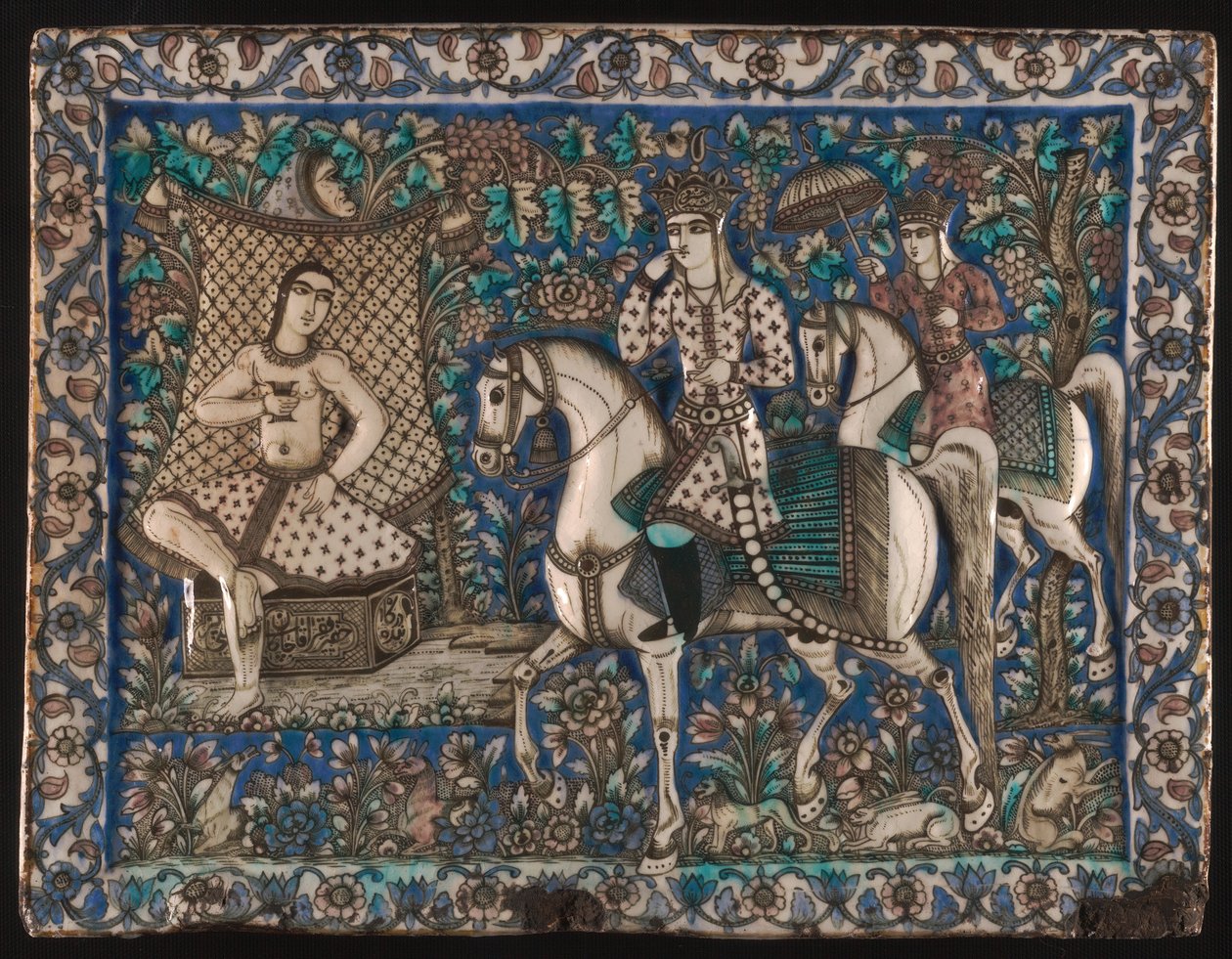 Azulejo que representa a Khusrau dándose un baño con Shirin de Unknown artist