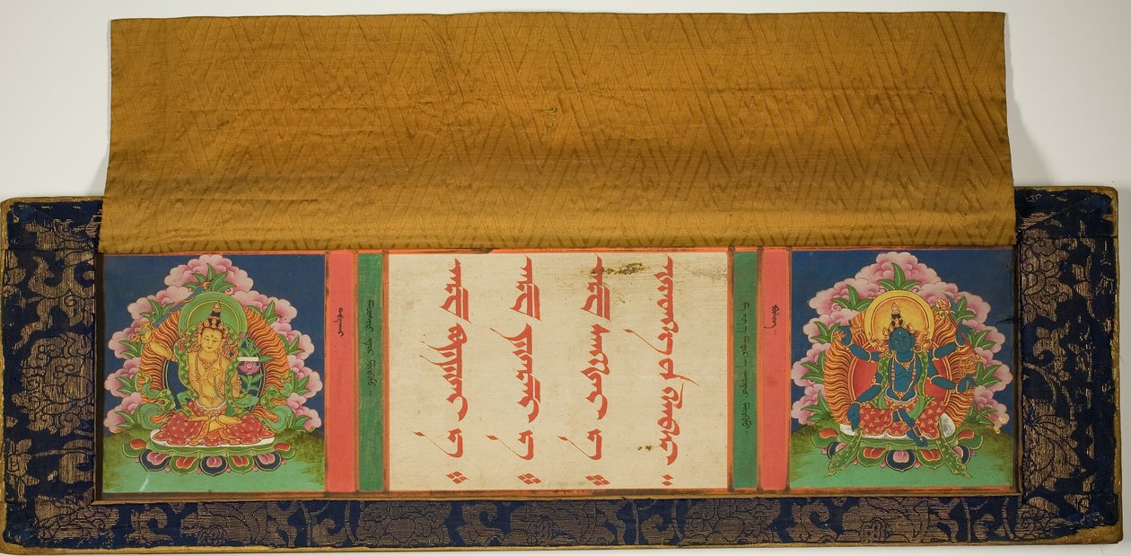Portada de un manuscrito budista con Manjusri (izquierda) y Mantramanudharani, diosa Pancharaksha (derecha) de Unknown artist