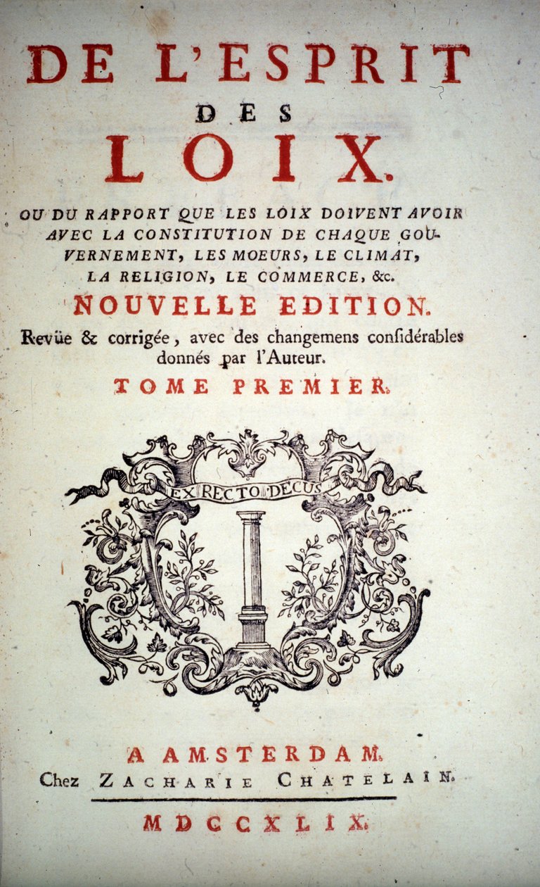 Página de título de “El espíritu de las leyes” de Charles Louis de Secondat, Barón de La Brède y de Montesquieu (1689-1755). Edición de Ámsterdam 1749. de Unknown artist